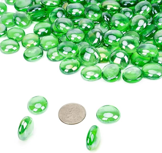 onlyfire Flat Fire Glass Beads for Propane Fire Pit, 1/2 Inch Reflective Firepit Glass Rocks 10 Pounds Flat Marbles for Gas Fireplace and Fire Pit Table, Emerald Green