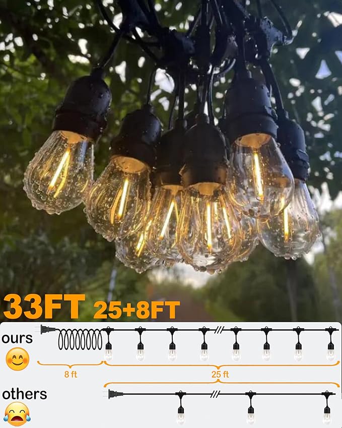 25FT Outdoor String Lights Waterproof with 16 Edison Bulbs 1.6FT Spacing, 120V Patio Lights, LED Hanging Lights for Porch, Balcony, Gazebo, Yard, Garden, Backyard, Camping and Party Decor