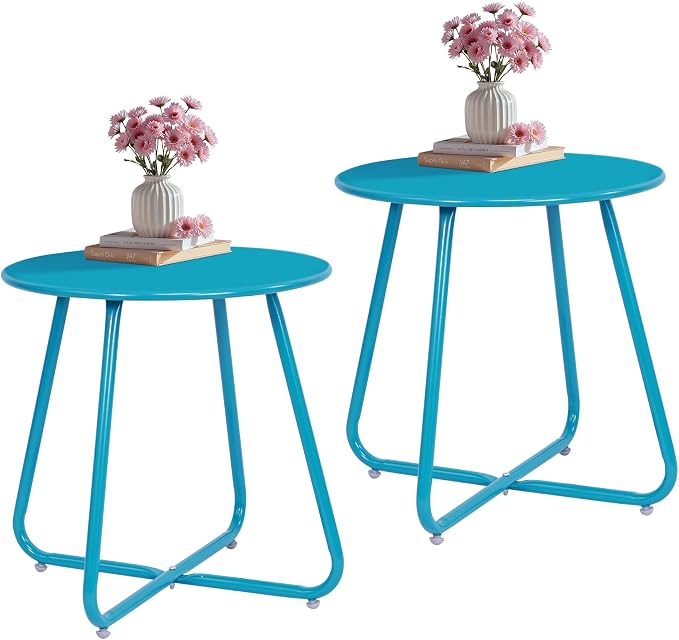Patio Small Side Table Waterproof Round Metal Steel Weather Resistant Portable Outdoor and Indoor End Table for Garden Balcony Yard,Sky Blue(2 PCS)