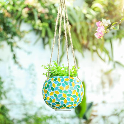 Hanging Planter Mosaic Garden Pot Small Flower Pot for Indoor Plant Disco Ball Hanging Planter with Drainage Green Yellow