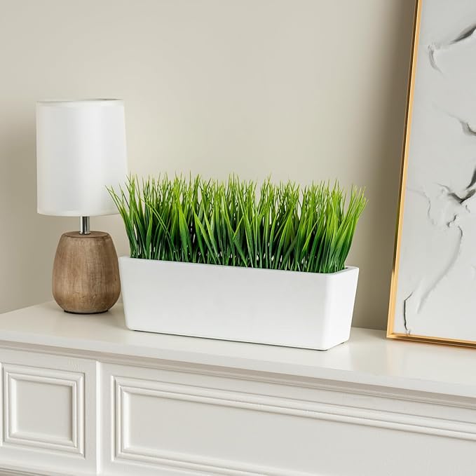 MyGift 14 Inch Artificial Green Grass Plant in Modern White Concrete Planter Window Box, Tabletop Faux Greenery in Decorative Rectangular Cement Container