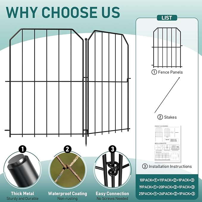 Goovilla Garden Fence, Total 19ft(L) x 24in(H) Garden Fencing Animal Barrier, 19 Pcs Rustproof Metal Wire No Dig Fence Panels, Black Decorative Garden Fences and Borders for Dogs, Flower Bed, Patio