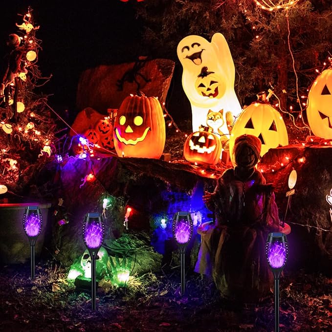 KYEKIO Halloween Decorations Outdoor, 12Pack Purple Solar Halloween Lights, Solar Torch Lights with Flickering Flame for Garden Decor, Waterproof Outdoor Lighting, Scary Torches for Yard Lawn Pathway