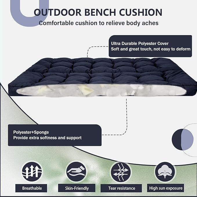 2/3 Seater Swing Replacement Cushion, Waterproof Porch Swing Cushions with Backrest, Thickened Bench Cushions for Outdoor Furniture, for Outdoor Patio Swing (Navy Blue, 70.8 * 40in)