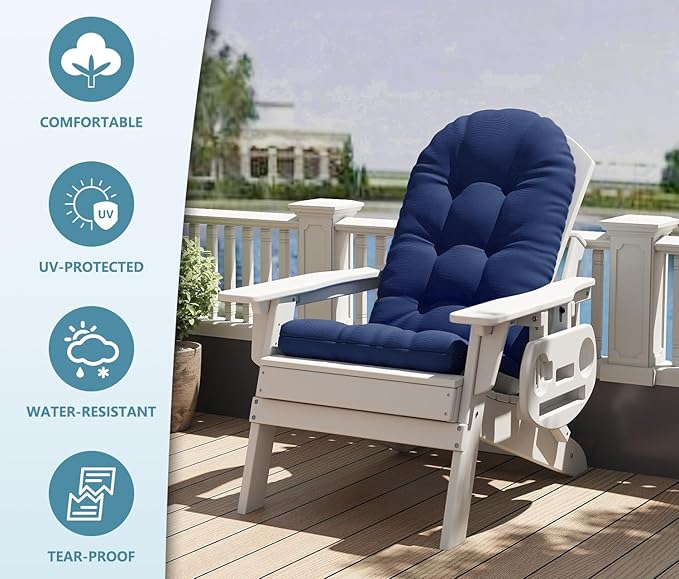 Adirondack Chair Cushion Set of 2, Thickened Patio Chair Cushions with Ties, Waterproof and UV-Protected Rocking Chair Cushion for Indoor and Outdoor, Navy Blue.