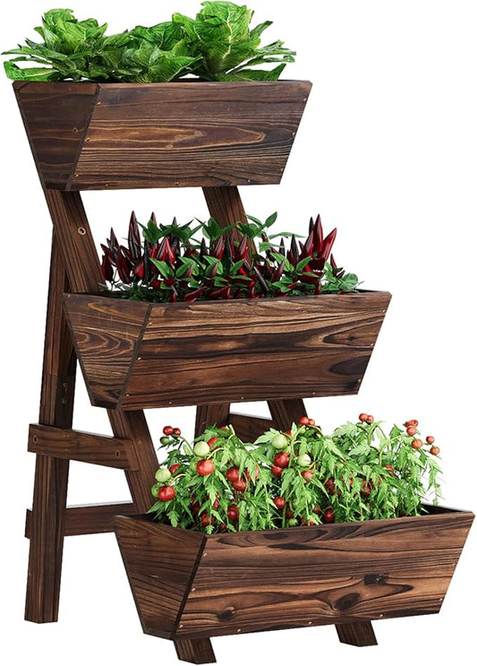 Vertical Wooden Raised Garden Bed, Garden Planters Freestanding Wood Plant Stand Flower Rack Wooden Planter Box for Plants Herbs Flowers Vegetables Outdoor Indoor Gardening (3-Tier Small Carbonized)