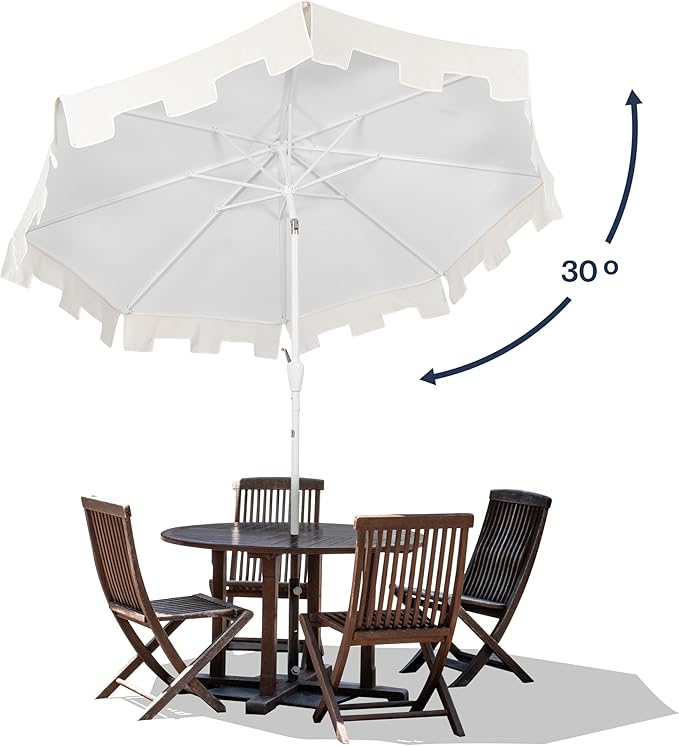 JONATHAN Y UMB1000B Baiona 9 ft. Classic MidCentury Market Patio Umbrella with UV Protection, Auto-Tilt, Crank and Wind Vent in White/Cream