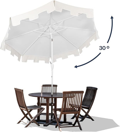 JONATHAN Y UMB1000B Baiona 9 ft. Classic MidCentury Market Patio Umbrella with UV Protection, Auto-Tilt, Crank and Wind Vent in White/Cream