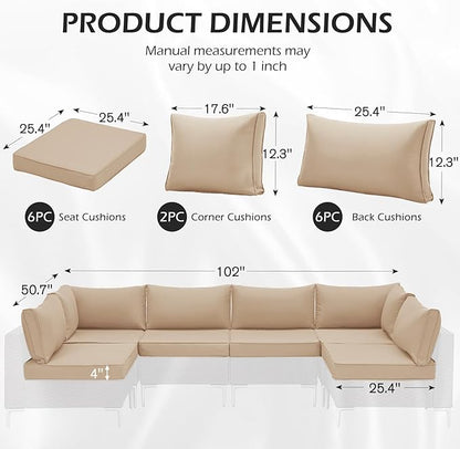 HOMREST 14-Piece Outdoor Cushions for Patio Furniture, 25x25 Inch Deep Seat Replacement Cushions Set with Water-Resistant Cover & Non-Slip Base, Fits 6-Seat Rattan Wicker Sectional Sofa, Khaki