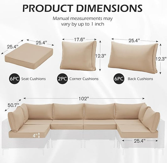 HOMREST 14-Piece Outdoor Cushions for Patio Furniture, 25x25 Inch Deep Seat Replacement Cushions Set with Water-Resistant Cover & Non-Slip Base, Fits 6-Seat Rattan Wicker Sectional Sofa, Khaki