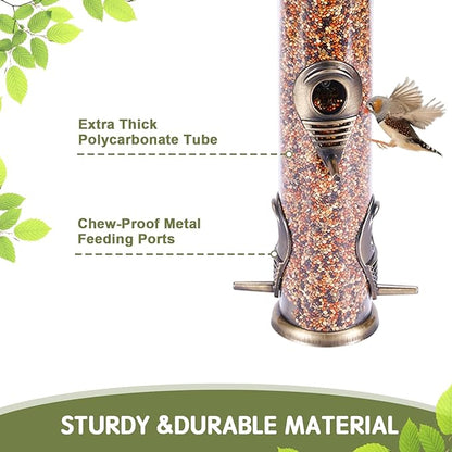 MIXXIDEA 1PK Metal Wild Bird Feeder,Squirrel Proof Bird Feeders for Outside,Hanging 6 Port Tube Bird Feeder Transparent Finch Bird Feeder for Attracting Birds in Your Lawn, Garden, Balcony-Bronze