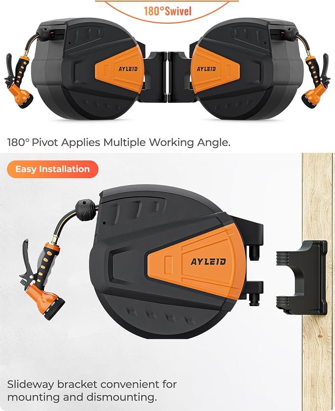 Ayleid Retractable Rubber Hybrid Garden Hose Reel, 5/8"x100ft Wall Mount | Anti-freeze, kink-free premium rubber hybrid hose, 24-month warranty, 9-pattern sprayer, any-length lock, slow auto-return.