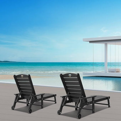 Lounge Chair, Chaise Lounge with 5-Level Adjustable Backrest and Pulley, Easy to Move, Supports Up to 350 lbs, All Weather Waterproof Outdoor Chairs for Patio, Pool, Porch Beach- Black