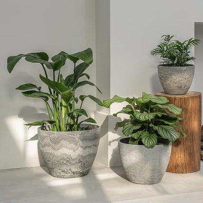 LA JOLIE MUSE 14.2/11.3/8.6 Inch Round Planter,Indoor/Outdoor Large Planters Set of 3,Grey Plant Container with Drain Holes,Tree Flower Plant Pots for Patio and Deck
