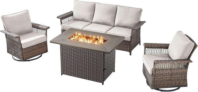 Patio Furniture Set with Fire Pit Table, 4PCS Patio Conversation Set Brown Resin Wicker Swivel Patio Chair and Sofa with 41in Rectangular Fire Table PE Rattan Patio Furniture Set