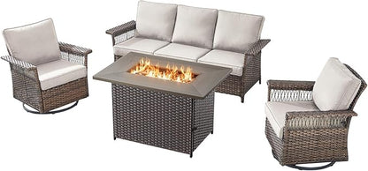 Patio Furniture Set with Fire Pit Table, 4PCS Patio Conversation Set Brown Resin Wicker Swivel Patio Chair and Sofa with 41in Rectangular Fire Table PE Rattan Patio Furniture Set