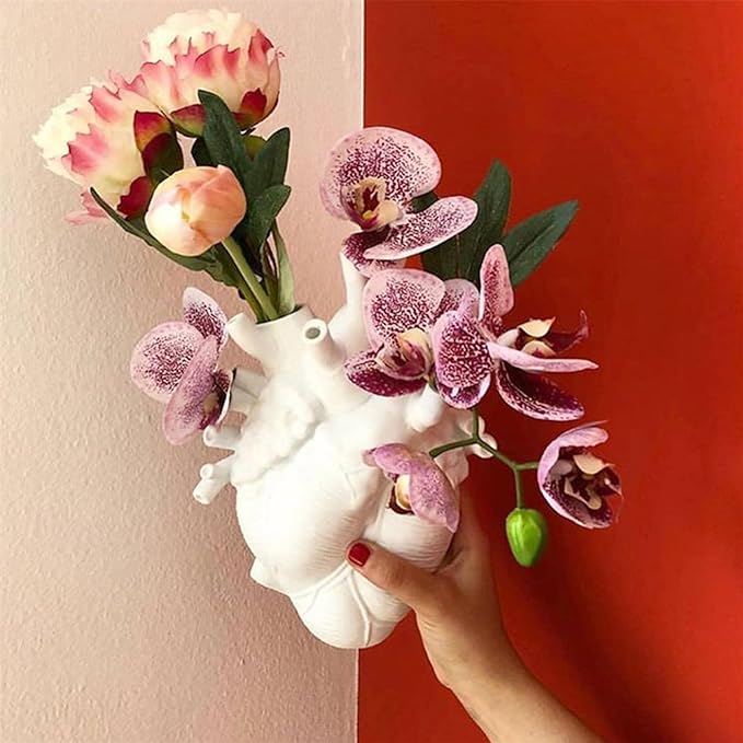 Resin Vase Planter, Decorative Heart Vase - Anatomical Heart Tabletop Decorative Craft, Farmhouse Living Room Bedroom Countertop (White,Small)