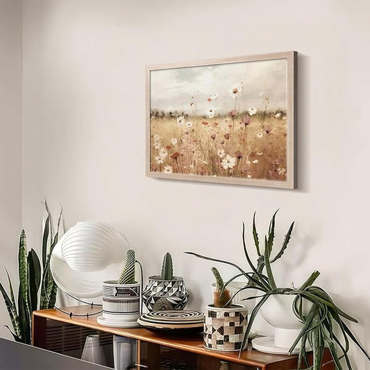 Framed Vintage Wildflower Wall Decor Light Colored Wildflower Print Country Floral Canvas Painting Natural Botanical Landscape Wall Decor for Farmhouse Living Room or Bedroom 12x16 Inch