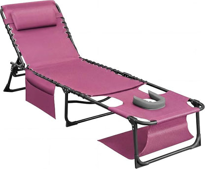 Flamaker Oversize Face Down Chaise Lounge Chair, 27 Inch Wide Foldable Outdoor Patio Chair, 5-Position Adjustable Tanning Chair with Face& Arm Holes for Sunbathing, Pool, Beach, Lawn (Beige, 1 Pcs)