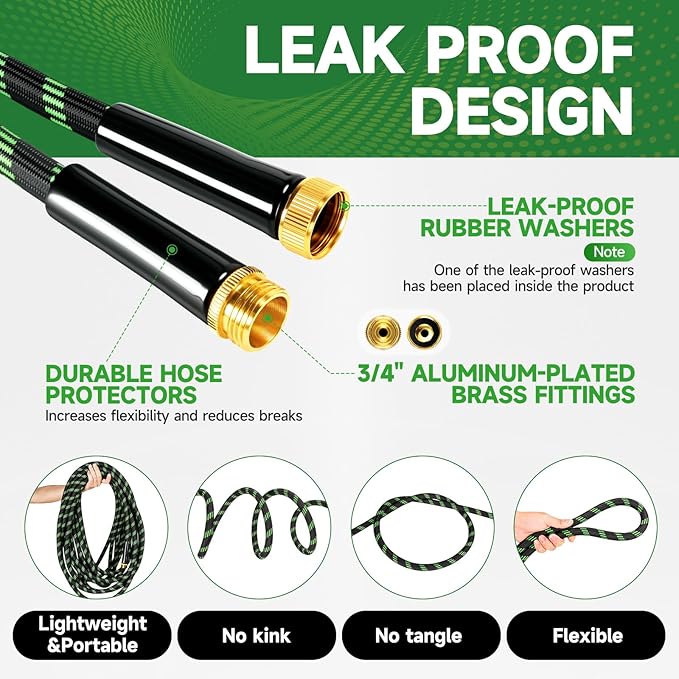 Garden Hose 100ft Flexible Non-Expandable Water Hose Ultra Lightweight Kink-Free Leak-Proof Durable & Abrasion-Resistant with 3/4" Brass Fittings for Patio Yard RV and Outdoor Use