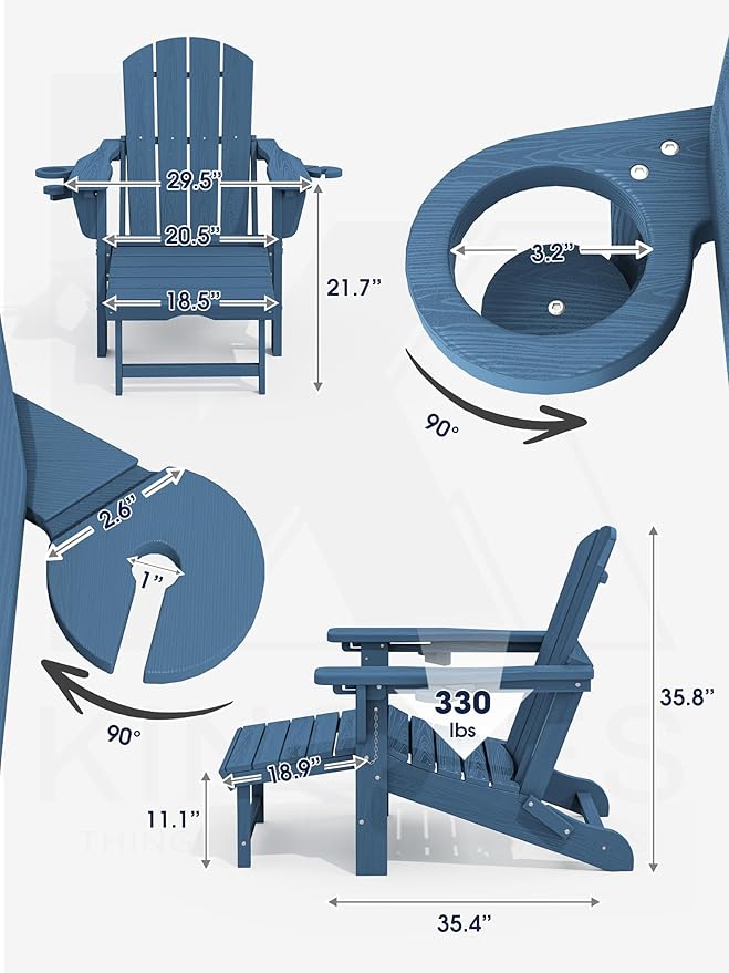 KINGYES Folding Adjustable Adirondack Chair with Ottoman & 2 Cup Holders Set of 4, HDEP Reclining Adirondack Chair with Footrest, Blue