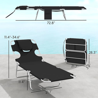 Outsunny Chaise Lounge Chair Outdoor Set of 2 with Face Arm Hole, 5-Position Reclining Face Down Tanning Chair with Carry Strap, Side Pocket, Portable Folding Bed Cot for Patio Beach Pool, Black