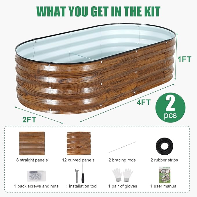 STBoo Galvanized Raised Garden Bed Outdoor, 2Pcs 4x2x1ft Oval Planter Box with Rubber Strip,Metal Raised Bed Kit for Vegetables Flowers Herbs, Grain