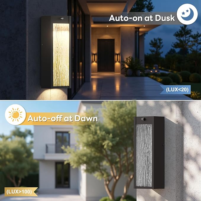 Dusk to Dawn LED Outdoor Wall Light Fixtures, 15in Exterior Black Waterproof Outdoor Lighting, Large Modern Water Ripple Porch Sconces Wall Mounted Outside Lantern for Garage Front Door(2 Pack)
