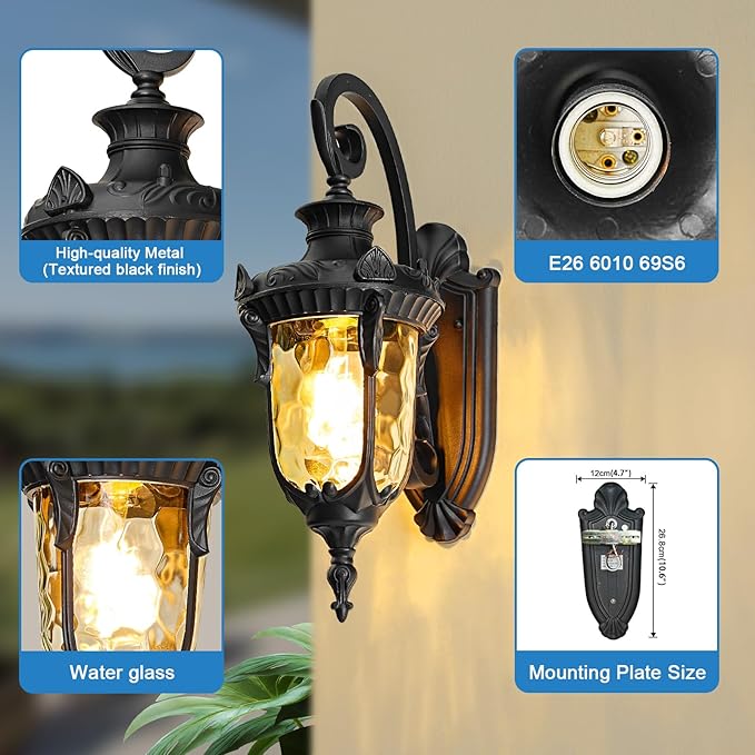 Outdoor Wall Lights, Waterproof Aluminum Porch Wall Light for Outside House, Patio, Yard, Garden, Black Gooseneck Exterior Wall Sconce, Hardwired Outdoor Acorn Shape Lantern Lamp, Water Ripple Glass