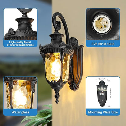 Outdoor Wall Lights, Waterproof Aluminum Porch Wall Light for Outside House, Patio, Yard, Garden, Black Gooseneck Exterior Wall Sconce, Hardwired Outdoor Acorn Shape Lantern Lamp, Water Ripple Glass