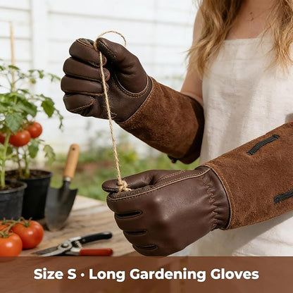 Aegend Women’s Garden Gloves, Long Elbow Cuff Adjustable Strap, Sun & Dirt Protection, Cowhide Leather, Breathable Comfortable for Gardening, Fit Small Hands for Gardeners (Brown, S)