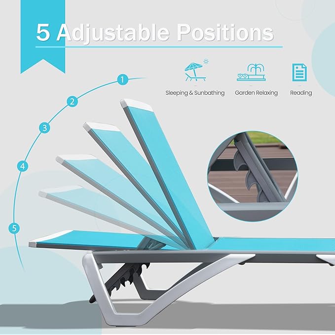 Domi Outdoor Lounge Chair, Aluminum Lounge Chair for Outside with 5 Position Adjustable Backrest, Outdoor Chaise Lounge for Beach, Yard, Balcony, Poolside(1 Turquoise Blue Chair W/O Table)