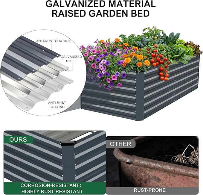 6x3x2FT Galvanized Raised Garden Bed, Outdoor Metal Raised Planter Box for Vegetables, Elevated Rust-Resistant Rectangle Gardening Container Kit with Reinforced Panels for Backyard, Patio(Grey)