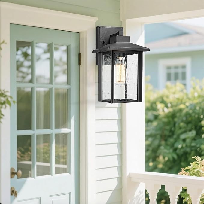 Bestshared Outdoor Wall Lights, Outside Sconce Light, Exterior Lighting Fixture, Outdoor Wall Lantern, Black Porch Lamp with Seeded Glass for Entryway, Garage (Black, 12.4" H)
