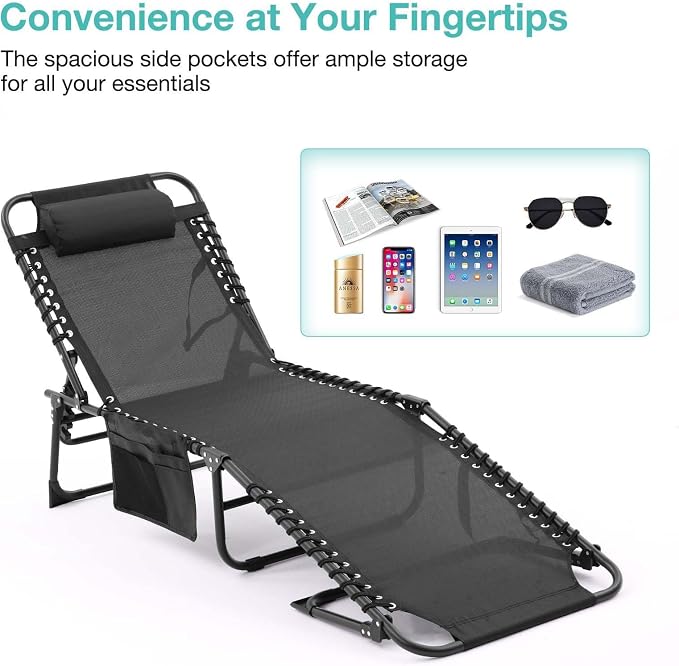Tanning Chairs for Outside, Chaise Outdoor Lounge Chair, Folding Pool Chairs & Patio Lounger for Beach Camping Hiking Backyard Sunbathing Poolside, Portable (Black Set of 1)