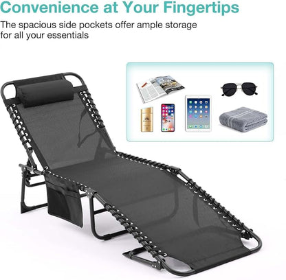 Tanning Chairs for Outside, Chaise Outdoor Lounge Chair, Folding Pool Chairs & Patio Lounger for Beach Camping Hiking Backyard Sunbathing Poolside, Portable (Black Set of 2)