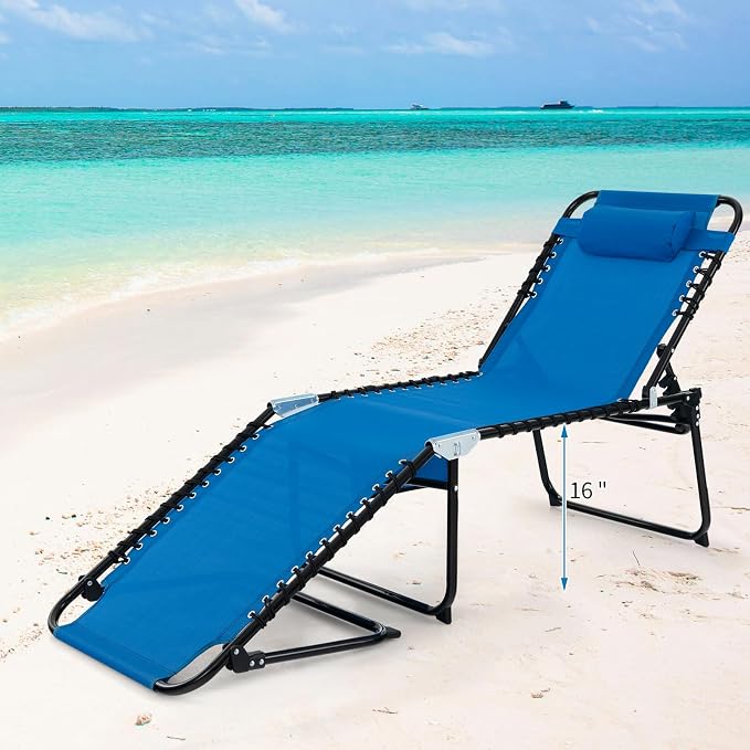 Tangkula Beach Lounge Chair for Outside, Folding Chaise Lounge Outdoor with 4-Position Backrest, Removable Headrest and Side Pocket, Portable Sunbathing Tanning Chair for Patio, Poolside (2, Navy)