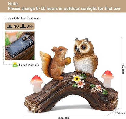 Solar Owl Garden Statues Outdoor Decor Resin Owl Squirrel Figurine with Mushroom Lights for Patio Lawn Yard Decorations Christmas Birthday Housewarming Gardening Gifts for Women Mom