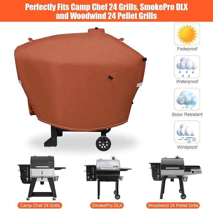 QuliMetal Grill Cover for Camp Chef 24 Pellet Grills, Model DLX 24, SmokePro 24, Woodwind 24 Pro Pellet Grills, PG24, PG24LS, PG24S, PG24SE, PG24LTD, PG24XT, SG24, SmokePro DLX, Anti-UV 600D, Brown