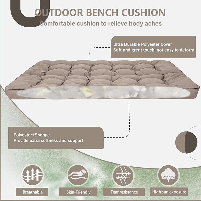 2/3 Seater Swing Replacement Cushion, Waterproof Porch Swing Cushions with Backrest, Thickened Bench Cushions for Outdoor Furniture, for Outdoor Patio Swing (Khaki, 55 * 40in)