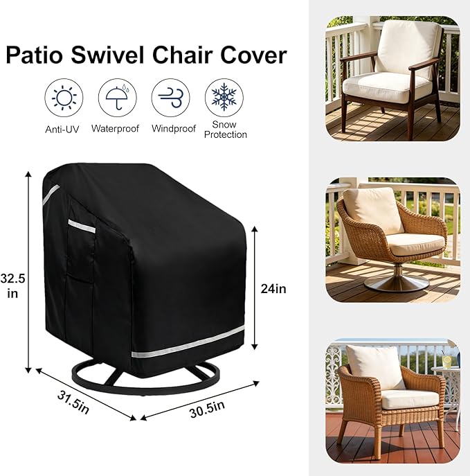Patio Chair Covers for Outdoor Furniture Waterproof, Heavy Duty Patio Rocking Chair Covers of 2 Pack, 32.5" W x 31.5" D x 30.5" H, Outdoor Lawn Patio Furniture Covers for Lounge Deep Seat, Black