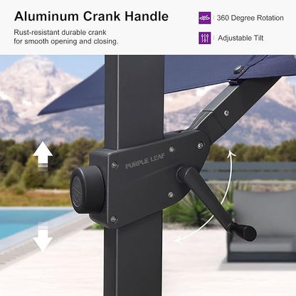 PURPLE LEAF 9' X 11.5' Patio Cantilever Umbrella Outdoor Rectangle Adjustable Offset Umbrellas with 360-degree Rotation and 8 Heavy Duty Metal Ribs for Garden Deck Pool Navy Blue