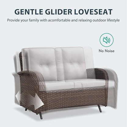 Outdoor Swivel Glider Rocker Chairs Set- 6 Piece Patio Furniture Set with A Glider Loveseat, Tempered Glass Side Table and 2 Ottoman, for Balcony, Porch - Brown Wicker, Beige Cushion