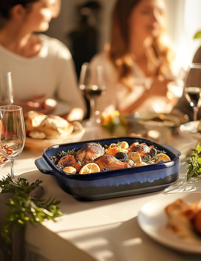 8x8 Baking Pan Ceramic Square Baking Dish with Handle for Brownie 48oz Blue | Deep for Brownie, Lasagna, Roasting and Great for Kitchen Decor