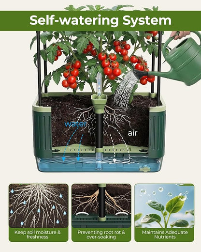 Raised Garden Bed Planter Box with Trellis, Self Watering Tomato Planters for Climbing Plants, Tomato Cage Trellis for Vegetables & Vine Flowers Indoor Outdoor Patio