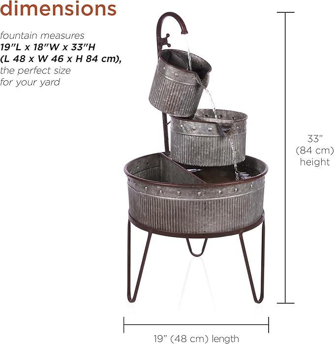 Alpine Corporation YHL684 33" Outdoor Floor 3-Tier Vintage Tubs and Planters Fountain, Rustic Metal Cascading Waterfall Feature for Gardens, Patios, and Yards, Silver
