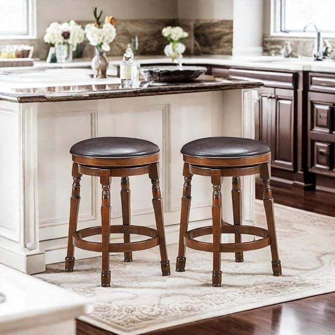 ERGOMASTER 24 Inch Swivel Bar Stools Set of 2, Rubber Wood, Brown