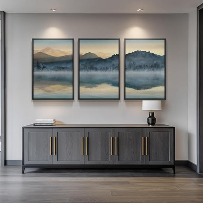 Framed Watercolor Mountain Wall Art for Living Room, Large Lake Nature Landscape Artwork for Walls, 3 Piece Blue Foggy Scenic Aesthetic Canvas Painting Prints for Office Hallway Wall Decor, 24x36 Inch