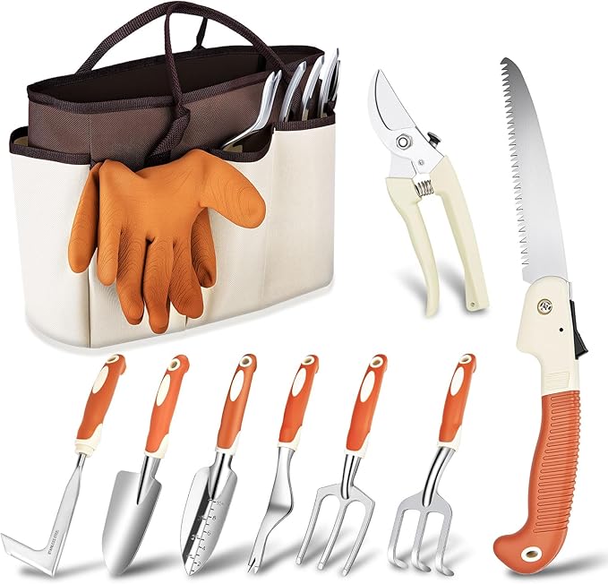 Garden Tool Set - 10 PCS Heavy Duty Stainless Steel Gardening Tools Set with Storage Bag, Gardening Kit Ideal Gardening Gifts for Women & Men, Indoor/Outdoor Use for Digging, Planting, Pruning