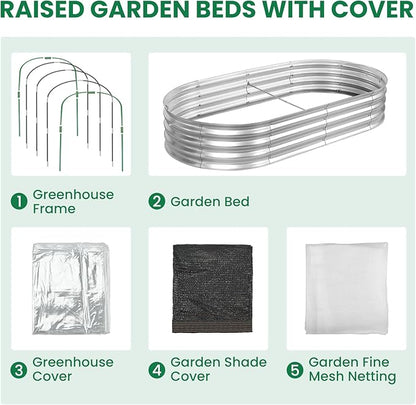 Raised Garden Bed with Greenhouse Frame and 3 Covers, 6x3x1 FT Garden Planting Box, Galvanized Metal Oval Tall Planter Box for Outdoor Gardening, Large Planting Space for Vegetables, Flowers